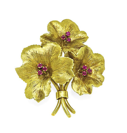 Estate Tiffany & Co. Ruby Floral 18k Yellow Gold Brooch