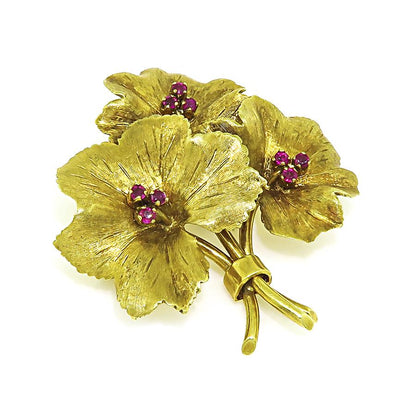 Estate Tiffany & Co. Ruby Floral 18k Yellow Gold Brooch