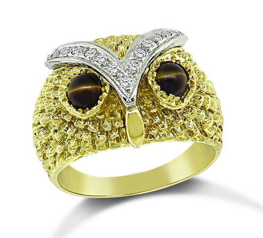 Estate Tiger's Eye Diamond Gold Owl Ring