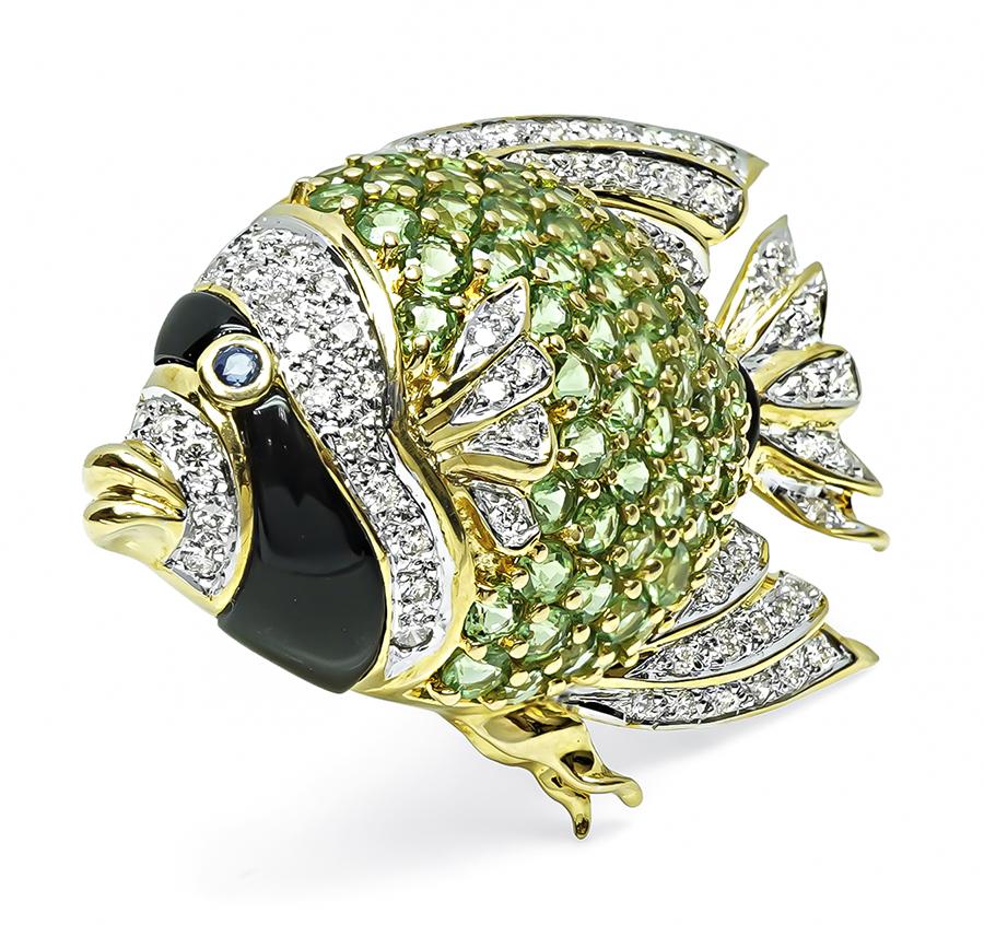 Estate 5.03ct Green Garnet 0.70ct Diamond Onyx Gold Fish Pin