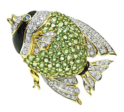 Estate 5.03ct Green Garnet 0.70ct Diamond Onyx Gold Fish Pin