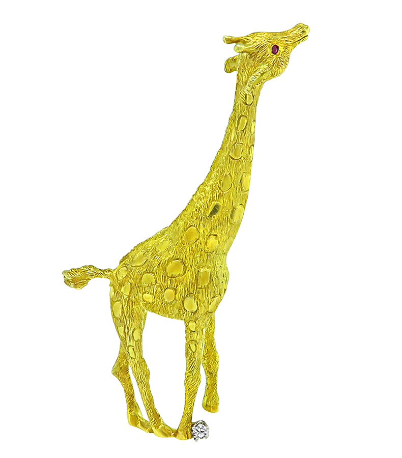 Estate Diamond Yellow Gold Giraffe Pin