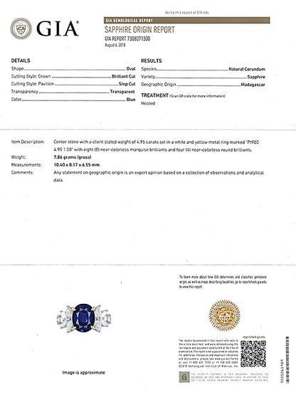 Estate GIA Cert 4.95ct Sapphire 1.00ct Diamond Engagement Ring