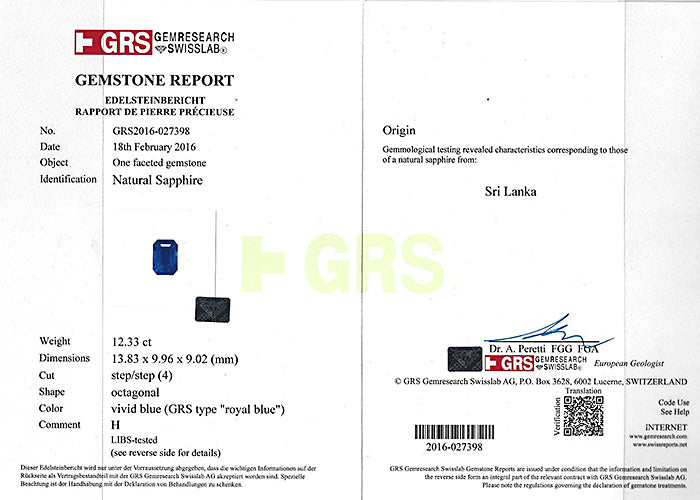 GRS Certified 12.33ct Sapphire 1.00ct Diamond Engagement Ring