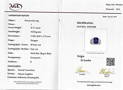 Estate AGL Certified 8.13ct Sapphire 2.30ct Diamond Engagement Ring