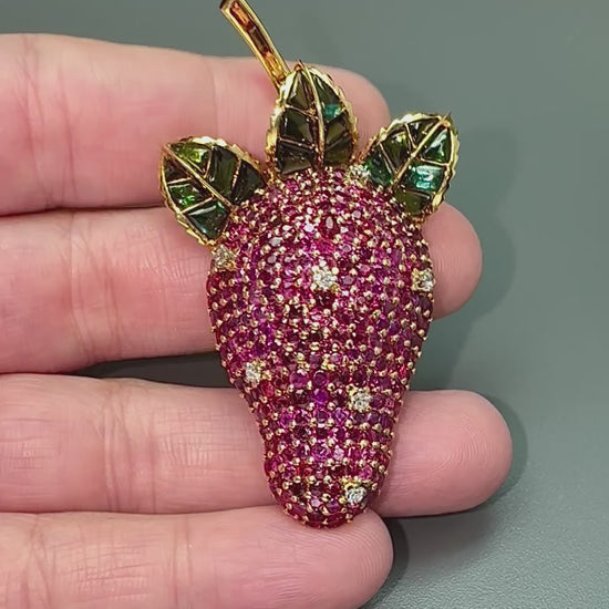 Estate 9.00ct Ruby 0.25ct Diamond Citrine Tourmaline 18k Gold Strawberry Pin
