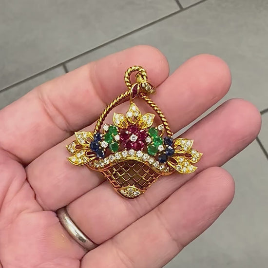 Estate 1.50ct Diamond 1.30ct Precious Gemstone 18k Gold Basket Pin / Pendant