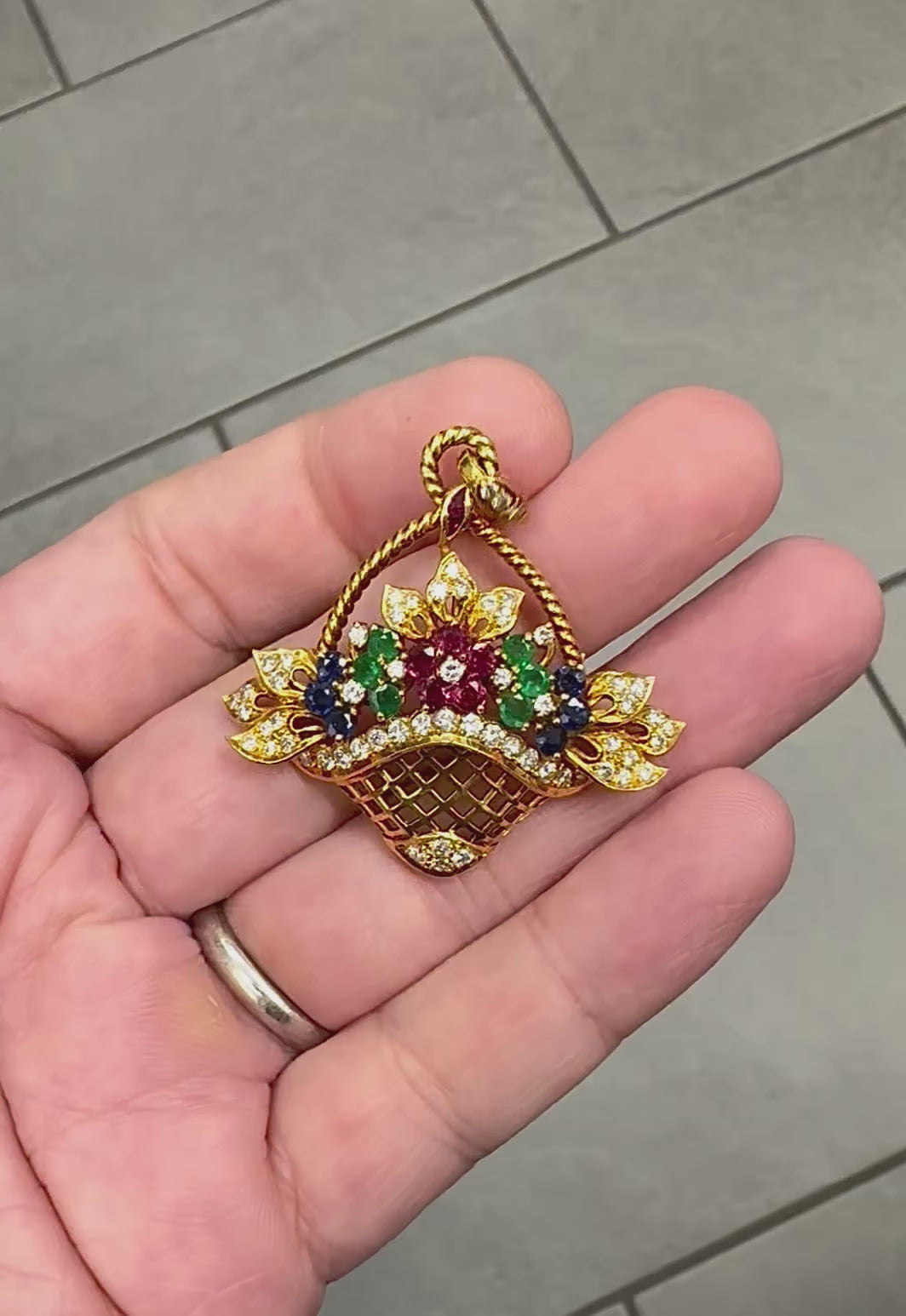 Estate 1.50ct Diamond 1.30ct Precious Gemstone 18k Gold Basket Pin / Pendant