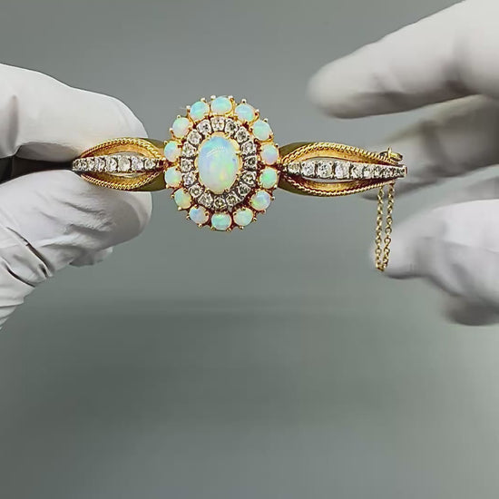 1960s Opal 2.00ct Diamond 14k Yellow and White Gold Bangle