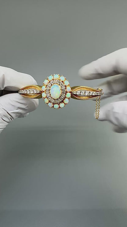 1960s Opal 2.00ct Diamond 14k Yellow and White Gold Bangle