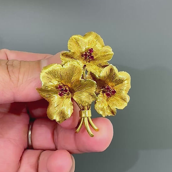 Estate Tiffany & Co. Ruby Floral 18k Yellow Gold Brooch