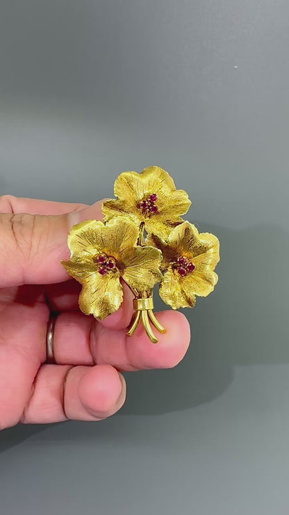 Estate Tiffany & Co. Ruby Floral 18k Yellow Gold Brooch