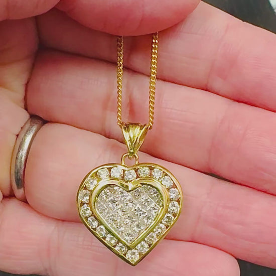 Estate 3.00ct Diamond 18k Yellow Gold Heart Pendant Necklace