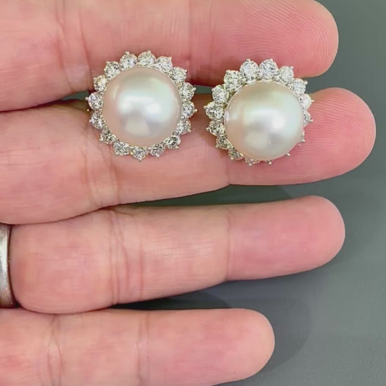Estate 2.50ct Diamond Pearl 14k White Gold Earrings