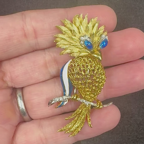 Estate Diamond Enamel 18k Yellow and White Gold Bird Pin