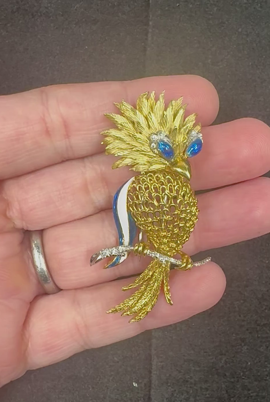 Estate Diamond Enamel 18k Yellow and White Gold Bird Pin