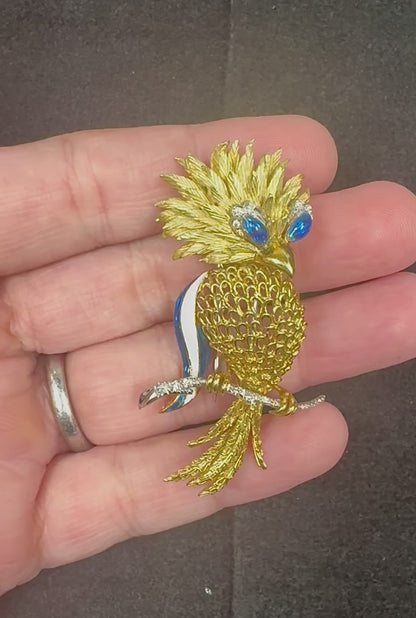 Estate Diamond Enamel 18k Yellow and White Gold Bird Pin