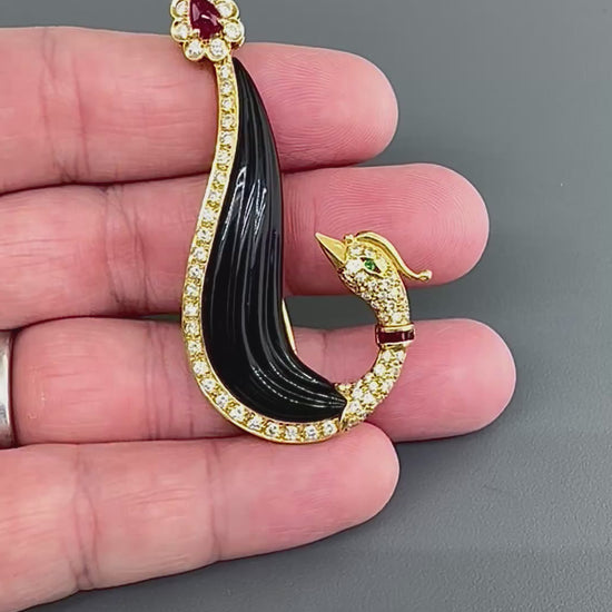 Estate 1.51ct Diamond 0.68ct Ruby Onyx 18k Yellow Gold Peacock Pin
