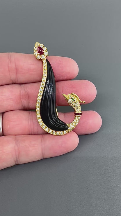 Estate 1.51ct Diamond 0.68ct Ruby Onyx 18k Yellow Gold Peacock Pin