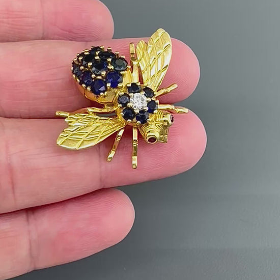 Estate 1.50ct Sapphire Diamond 18k Yellow Gold Bee Pin