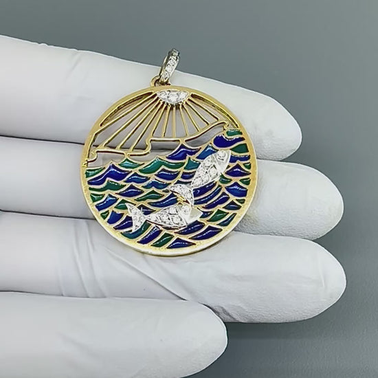 Vintage 1960s Diamond Plique-a-jour 18k Yellow and White Gold Zodiac Pendant
