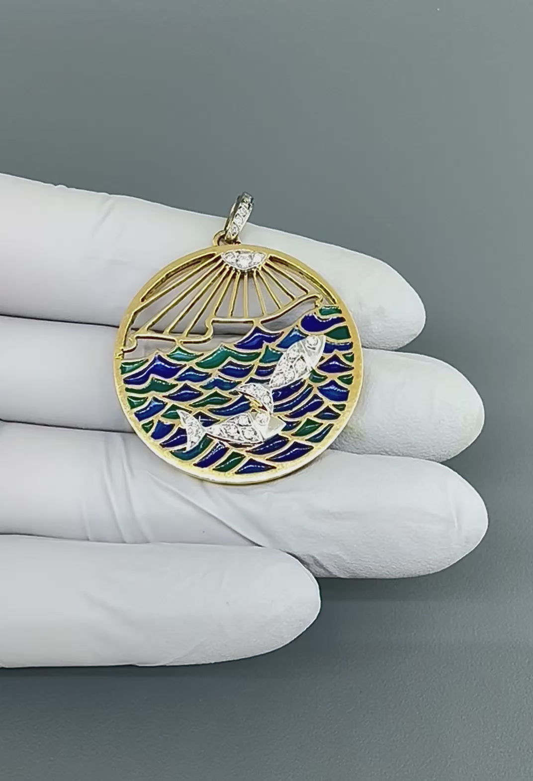 Vintage 1960s Diamond Plique-a-jour 18k Yellow and White Gold Zodiac Pendant