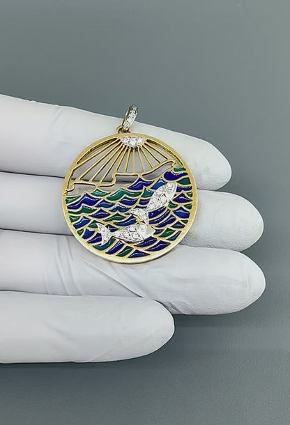 Vintage 1960s Diamond Plique-a-jour 18k Yellow and White Gold Zodiac Pendant