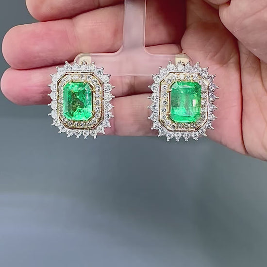 Estate 13.92ct Emerald 4.00ct Diamond 14k White and Yellow Gold Earrings