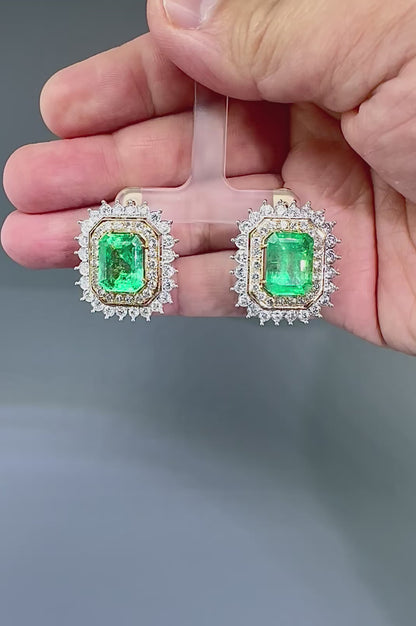 Estate 13.92ct Emerald 4.00ct Diamond 14k White and Yellow Gold Earrings