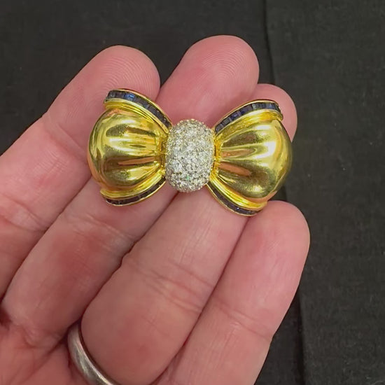 Estate 1.75ct Diamond Sapphire 18k Yellow and White Gold Bow Pin
