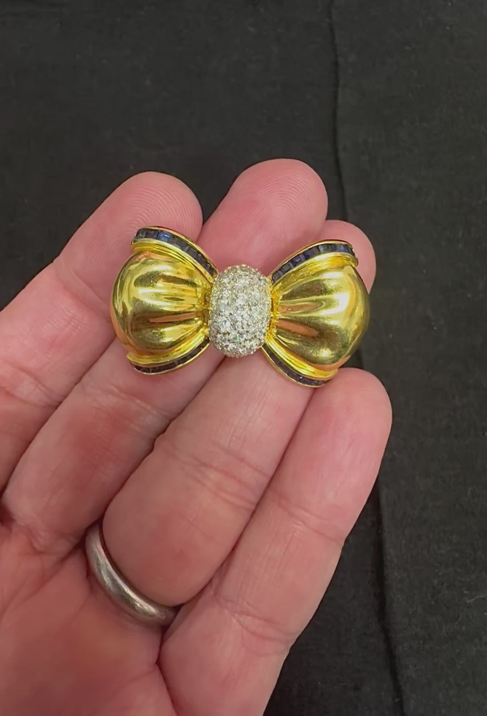 Estate 1.75ct Diamond Sapphire 18k Yellow and White Gold Bow Pin