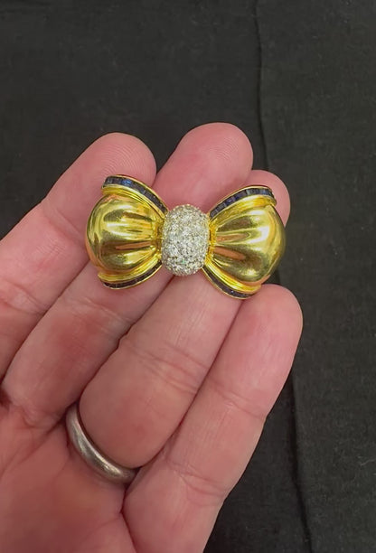 Estate 1.75ct Diamond Sapphire 18k Yellow and White Gold Bow Pin