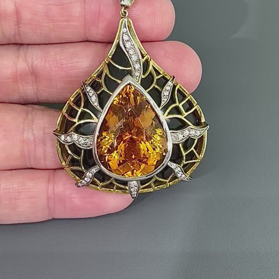 Estate 20.00ct Citrine 1.00ct Diamond Onyx 18k Yellow Gold and Silver Pendant