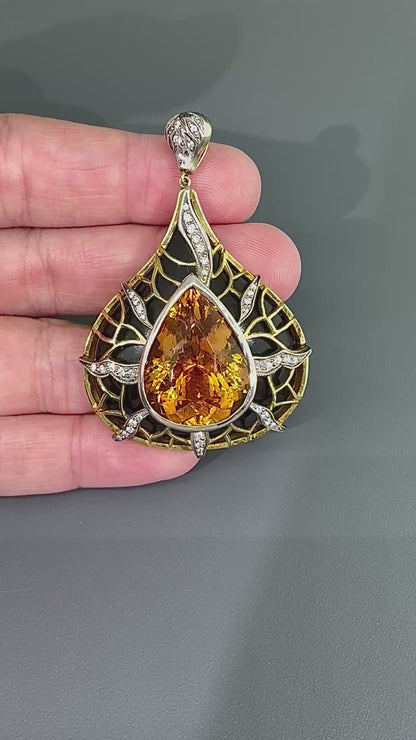 Estate 20.00ct Citrine 1.00ct Diamond Onyx 18k Yellow Gold and Silver Pendant