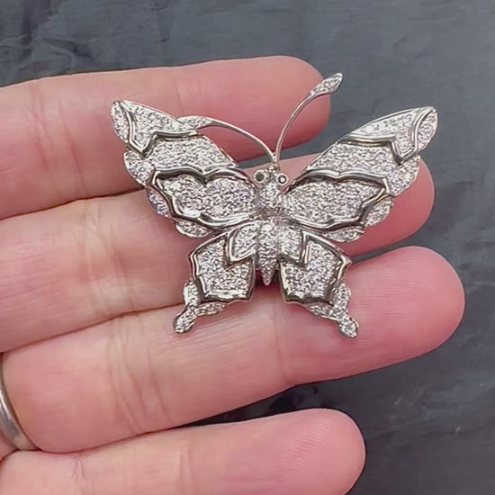 Estate 1.70ct Diamond 18k White Gold Butterfly Pin / Pendant