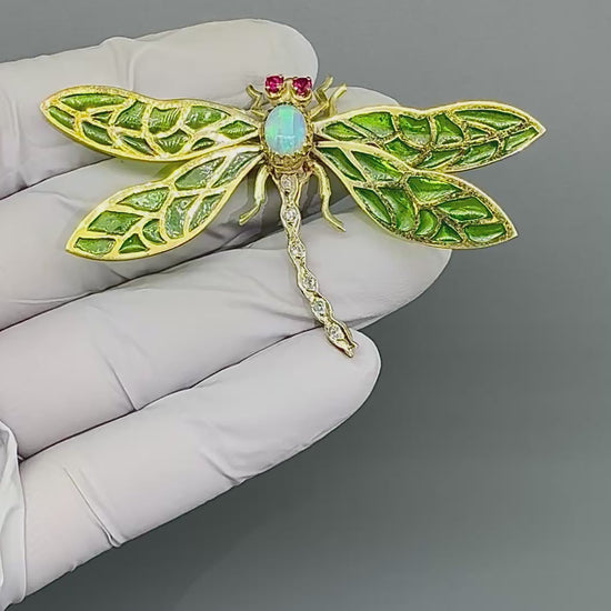 Estate Opal Diamond 14k Yellow Gold Plique-a-jour Dragonfly Pin