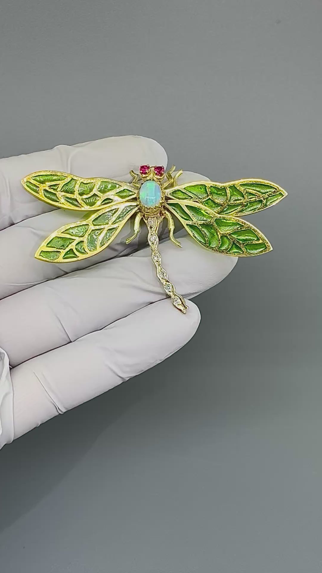 Estate Opal Diamond 14k Yellow Gold Plique-a-jour Dragonfly Pin