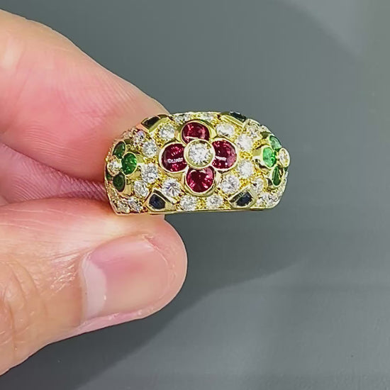 Estate 1.30ct Diamond Ruby Emerald and Sapphire 18k Yellow Gold Ring