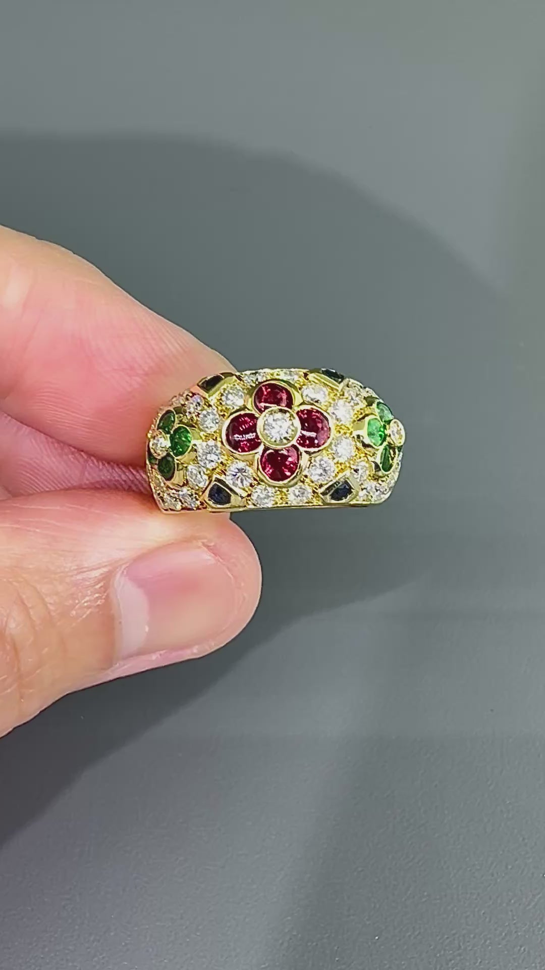 Estate 1.30ct Diamond Ruby Emerald and Sapphire 18k Yellow Gold Ring