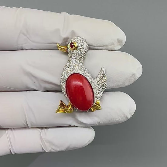 1960s Missiaglia 2.00ct Diamond Coral 18k White and Yellow Gold Duck Pin