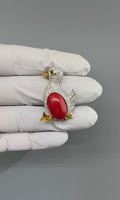 1960s Missiaglia 2.00ct Diamond Coral 18k White and Yellow Gold Duck Pin