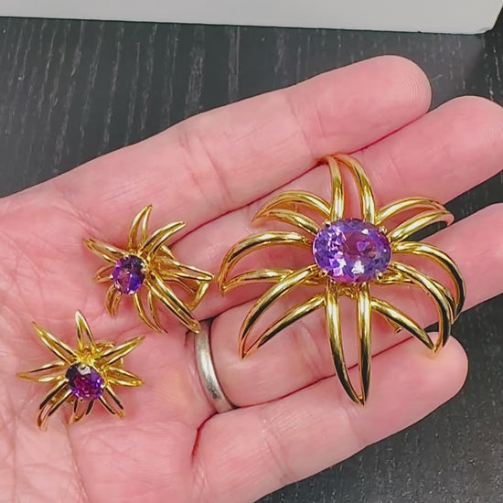 Estate Tiffany & Co 15.00ct Amethyst 18k Gold Fireworks Pin and Earrings Set