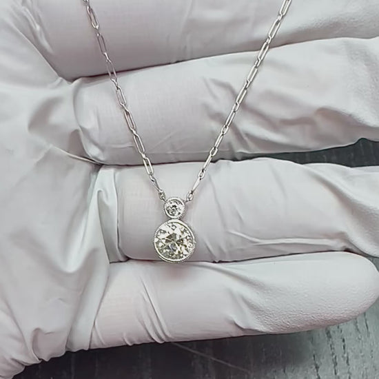 Edwardian GIA Certified 1.37ct Old European Diamond Platinum Pendant Necklace