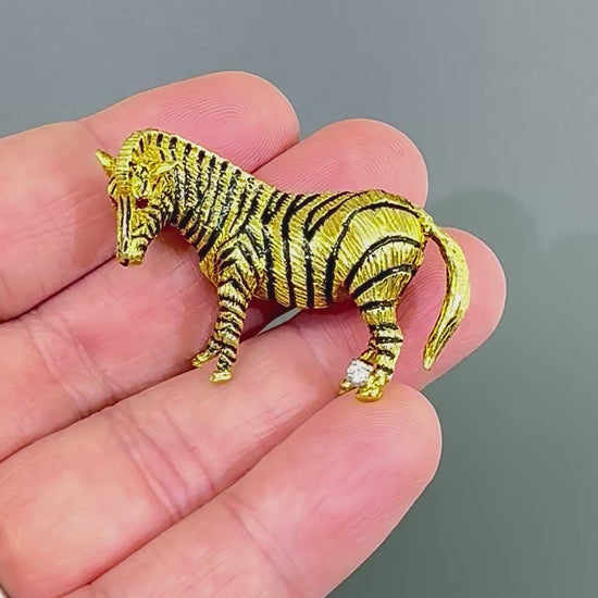 Estate Diamond Enamel 18k Yellow Gold Zebra Pin