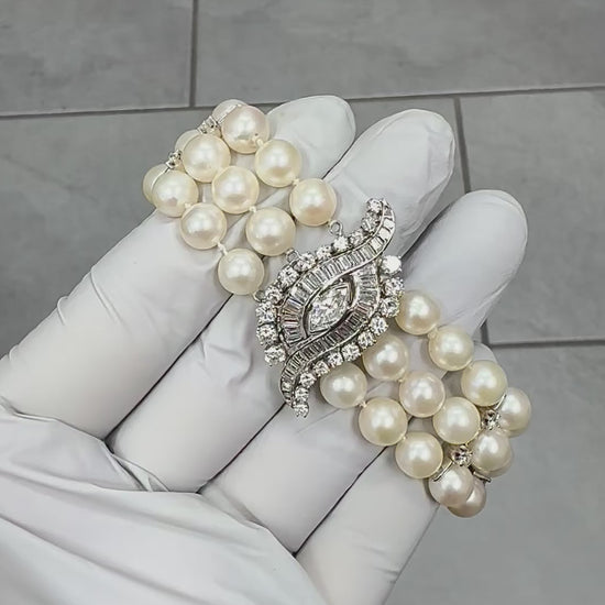 1950s 2.00ct Diamond 14k White Gold Pearl Bracelet