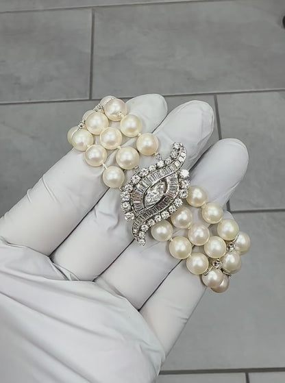 1950s 2.00ct Diamond 14k White Gold Pearl Bracelet