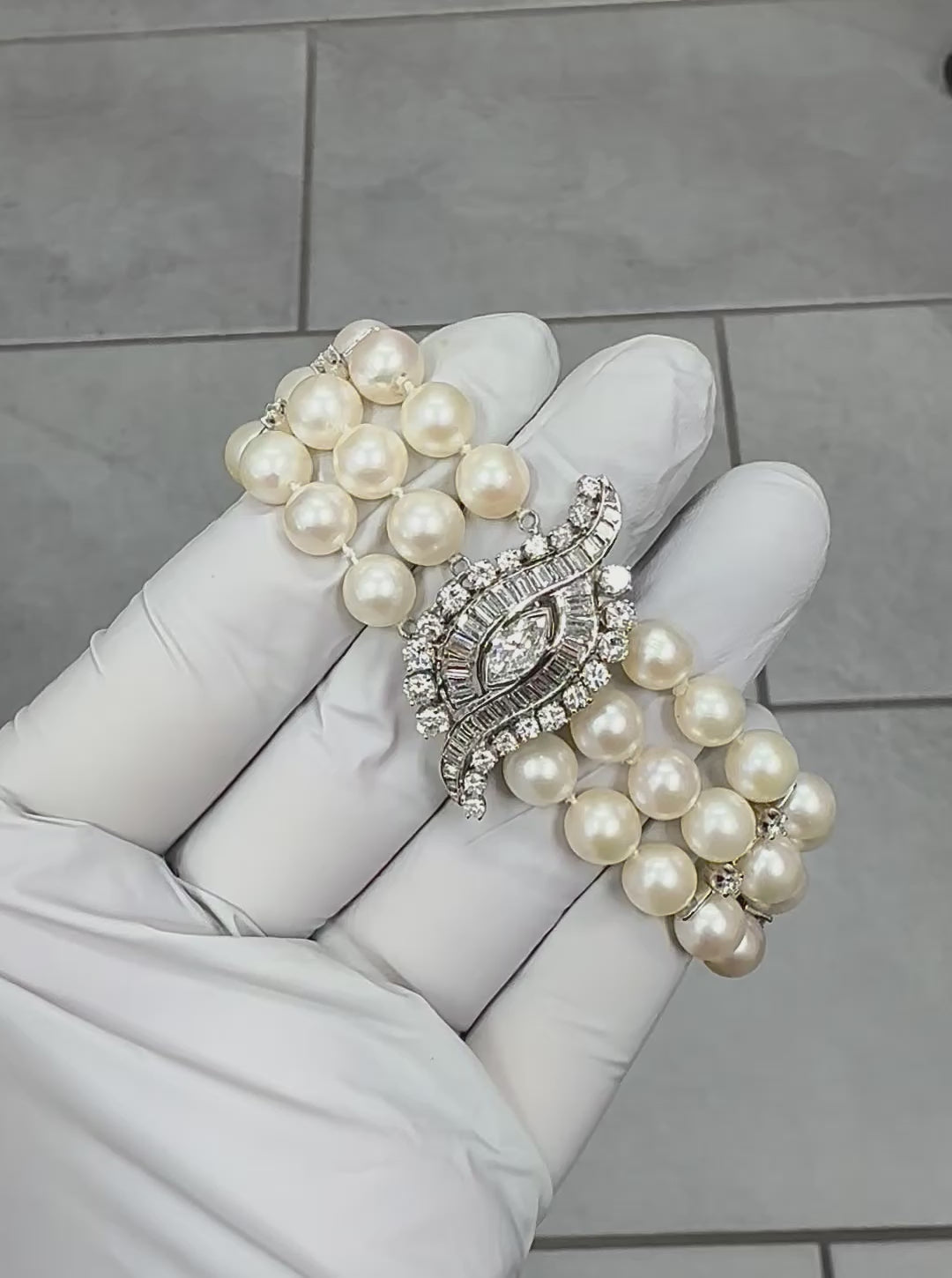 1950s 2.00ct Diamond 14k White Gold Pearl Bracelet
