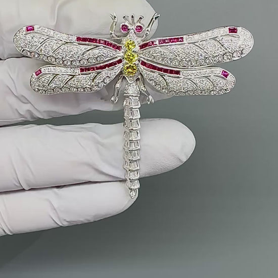 3.00ct Diamond 0.75ct Fancy Yellow Diamond Ruby 18k Gold Dragonfly Pin
