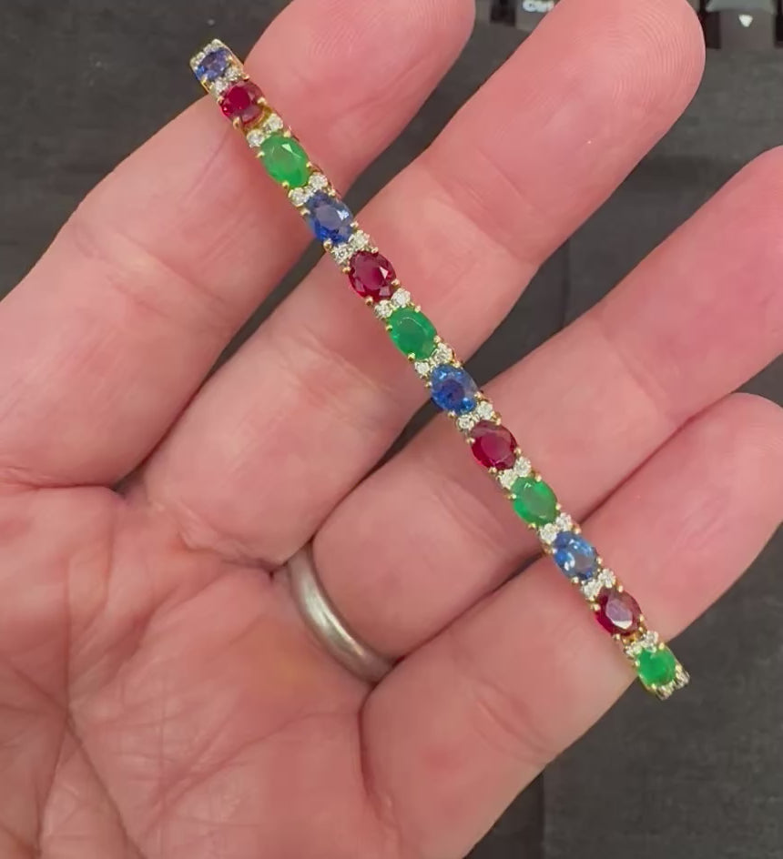 Estate 20.00ct Multi Color Precious Gemstone 0.50ct Diamond 18k Gold Bracelet