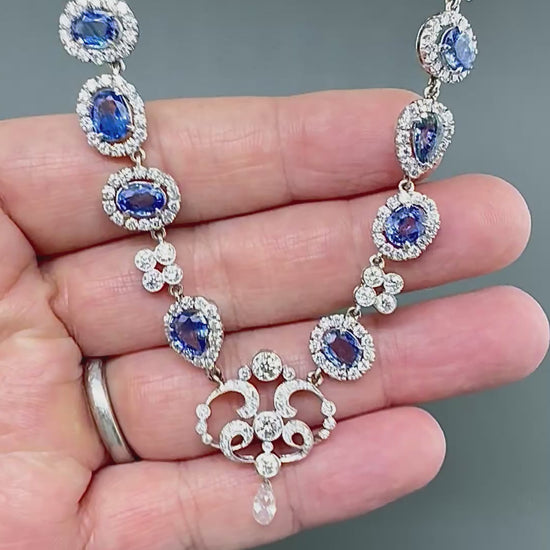 Estate 22.00ct Sapphire 11.00ct Diamond 18k White Gold Necklace